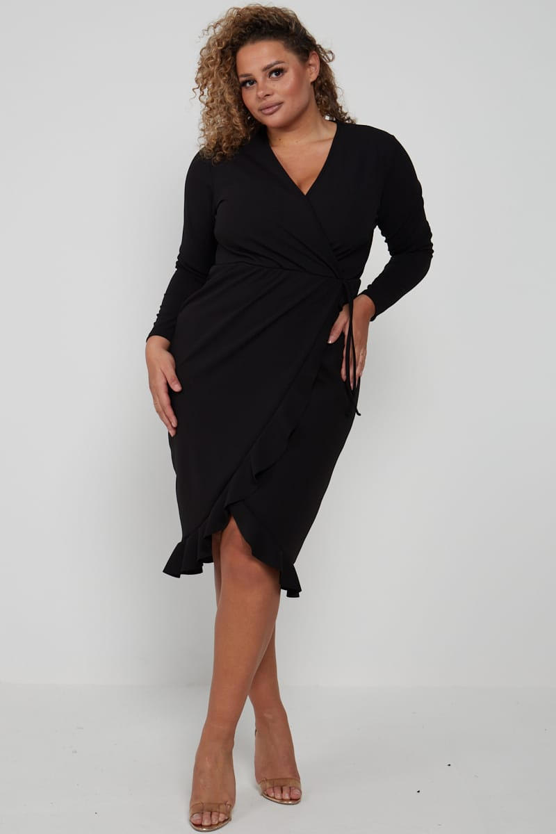 plus size black long sleeve wrap dress 