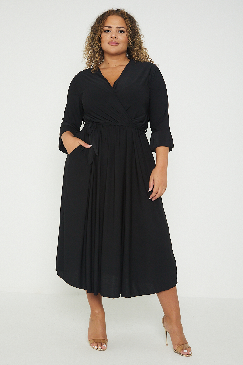 Black Wrap Frill Cuff Pleated Midi Dress - Plus Size | Praslin Clothing