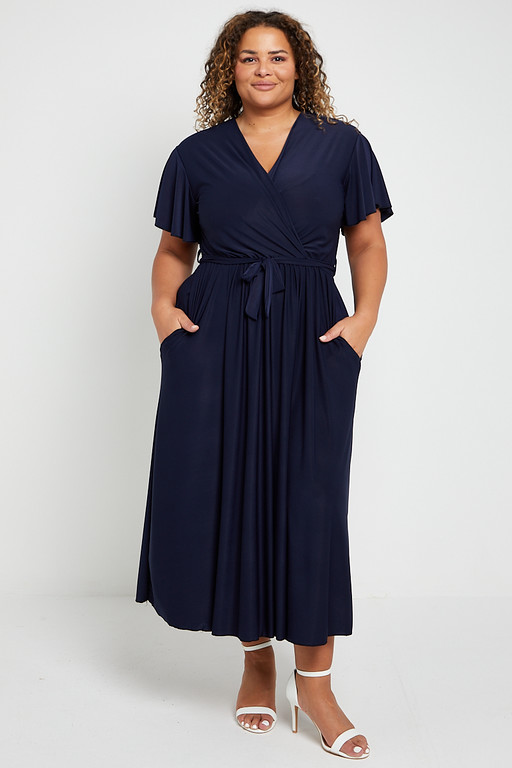 One Size navy Low V Neck Long Ankle Length Maxi Dress Praslin Clothing