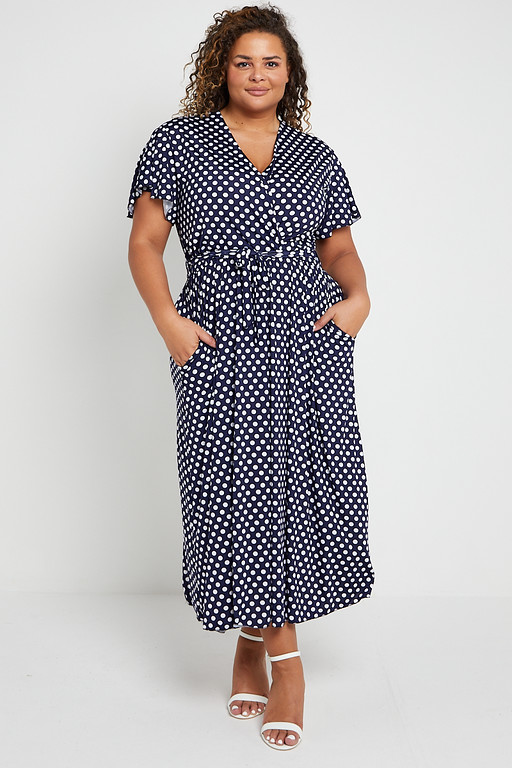 One Size navy polka dot Low V Neck Long Ankle Length Maxi Dress