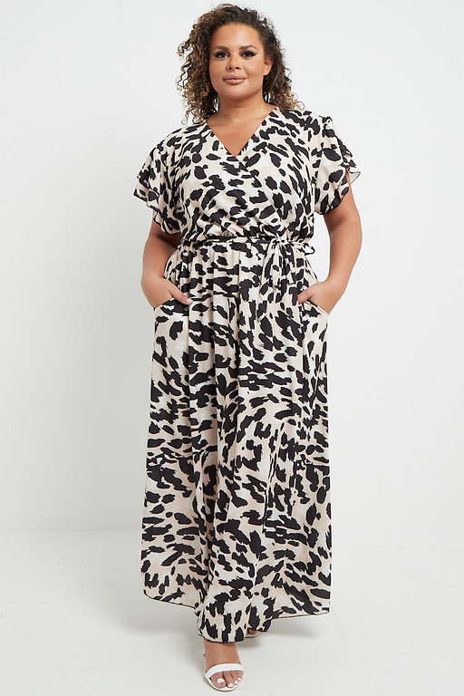 One Size Beige Large Animal Print V Neck Wrap Frilly Short Sleeved