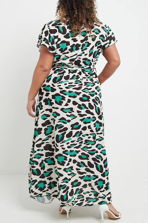 One Size Green Large Animal Print V Neck Wrap Frilly Short Sleeved Maxi  Dress with Pockets | Praslin Clothing
