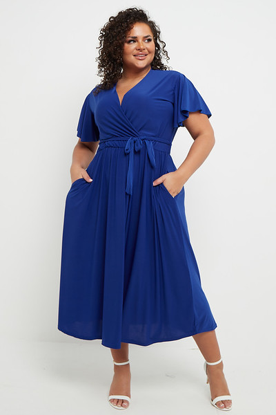 One Size Electric Blue V Neck Wrap Belted Short Sleeve Maxi Dress with Pockets