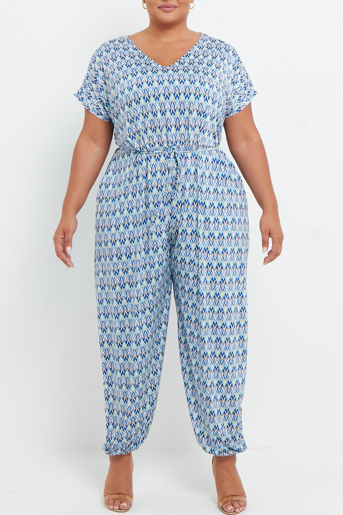 One Size Blue Aztec Print V Neck Short Sleeves Tie Waist Jumpsuit