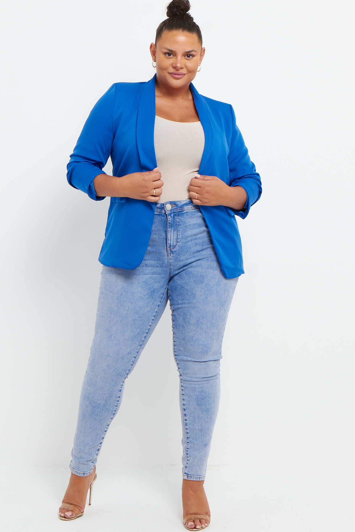 Plus Size Blue Ruched Sleeve Faux Pockets Lapel Detail Short Blazer Praslin Clothing