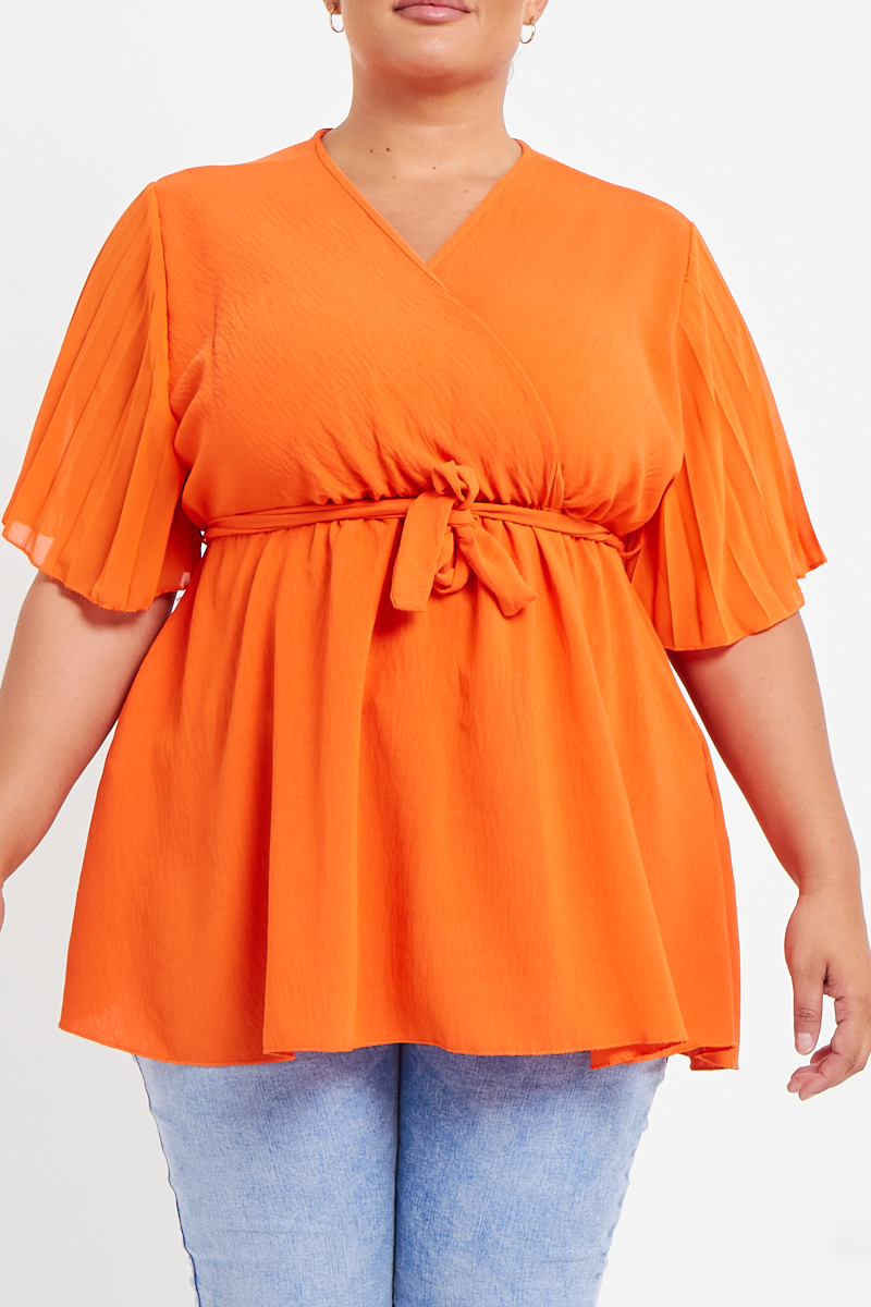 One Size Orange 3/4 Pleated Sleeves Wrap Tie Waist Top | Praslin Clothing