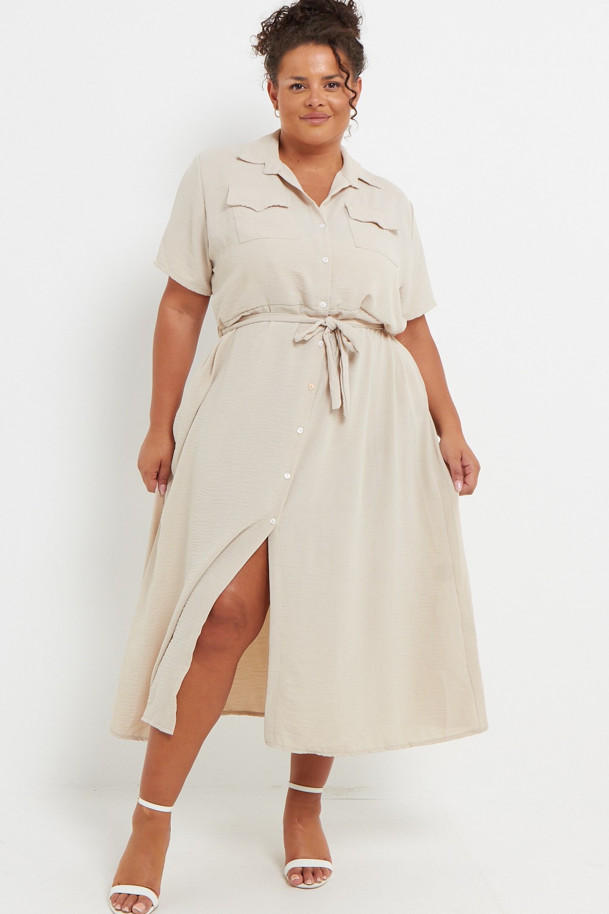 Plus Size Beige Button Through Tie Waist Shirt Midi Dress With Pockets