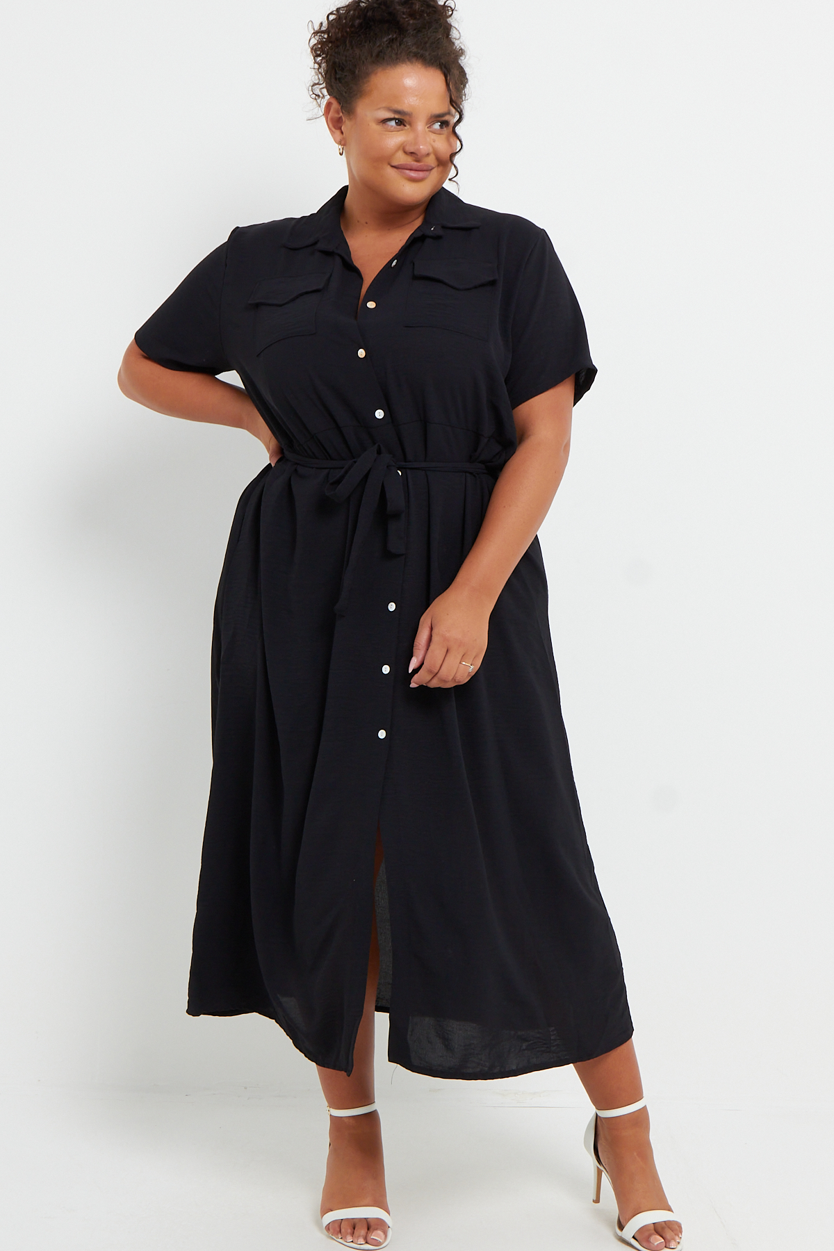 Plus Size Black Button Through Tie Waist Shirt Midi Dress With Pockets