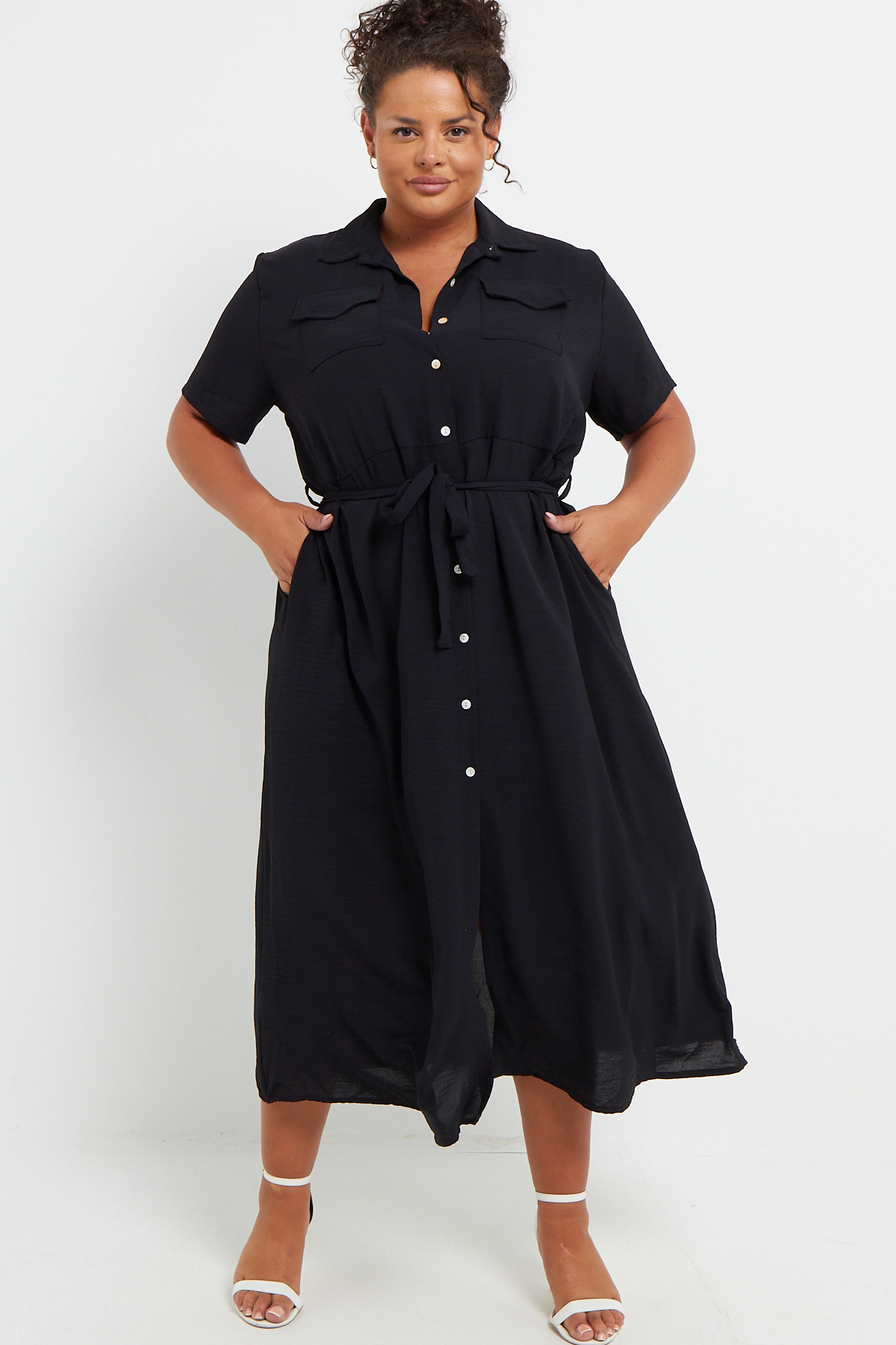 Plus Size Black Button Through Tie Waist Shirt Midi Dress With Pockets ...