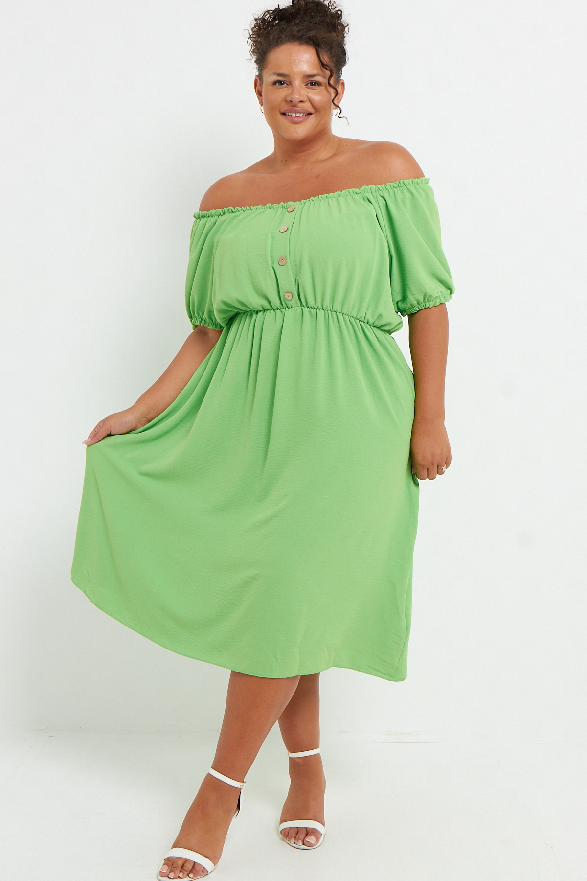 Plus Size Light Green Bardot Button Detail Midi Dress With Pockets