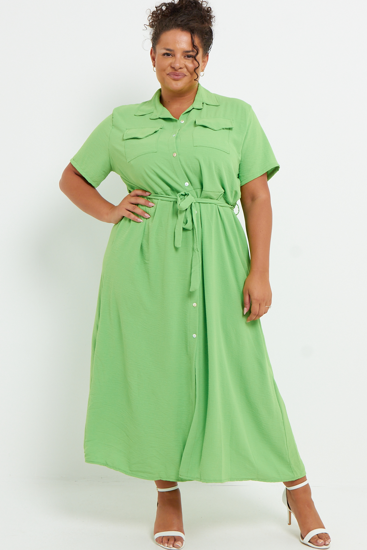 Plus Size Mint Green Button Through Tie Waist Shirt Midi Dress With Pockets