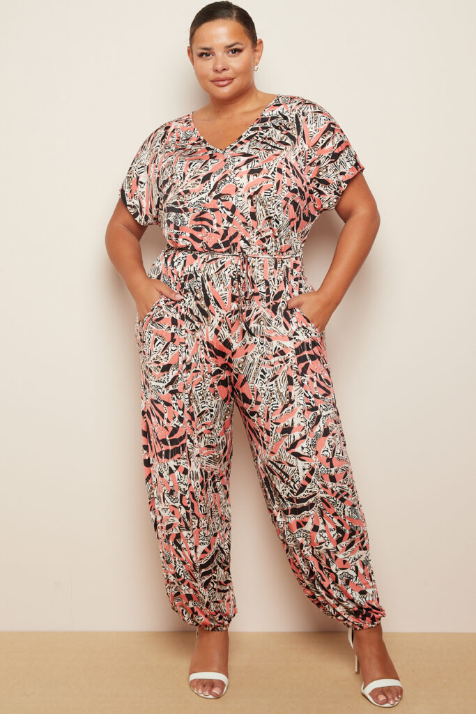 Plus Size Salmon Multi Print Short Sleeve Tie Waist Jumpsuit With