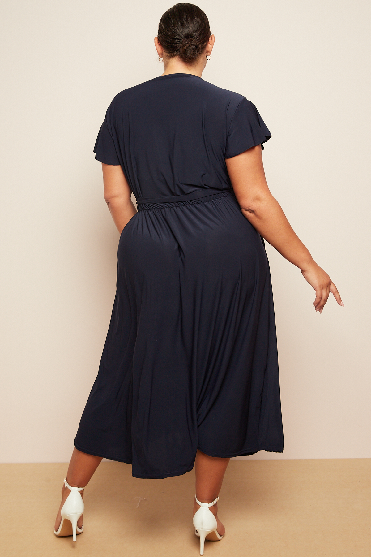 Plus Size Navy Wrap Tie Waist Short Sleeve Midi Dress With Pockets