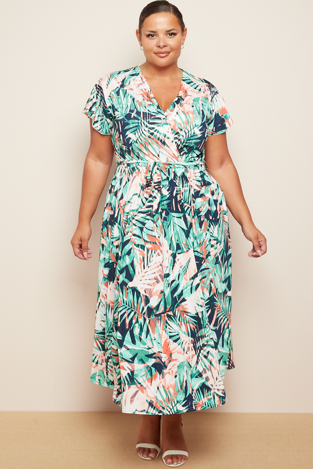 Plus Size Navy Tropical Print Wrap Tie Fasten Midi Dress With