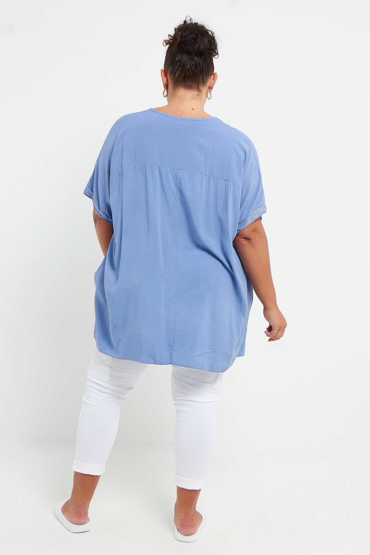 Plus Size Light Blue Sequin Trim Short Sleeve Top With Pockets ...