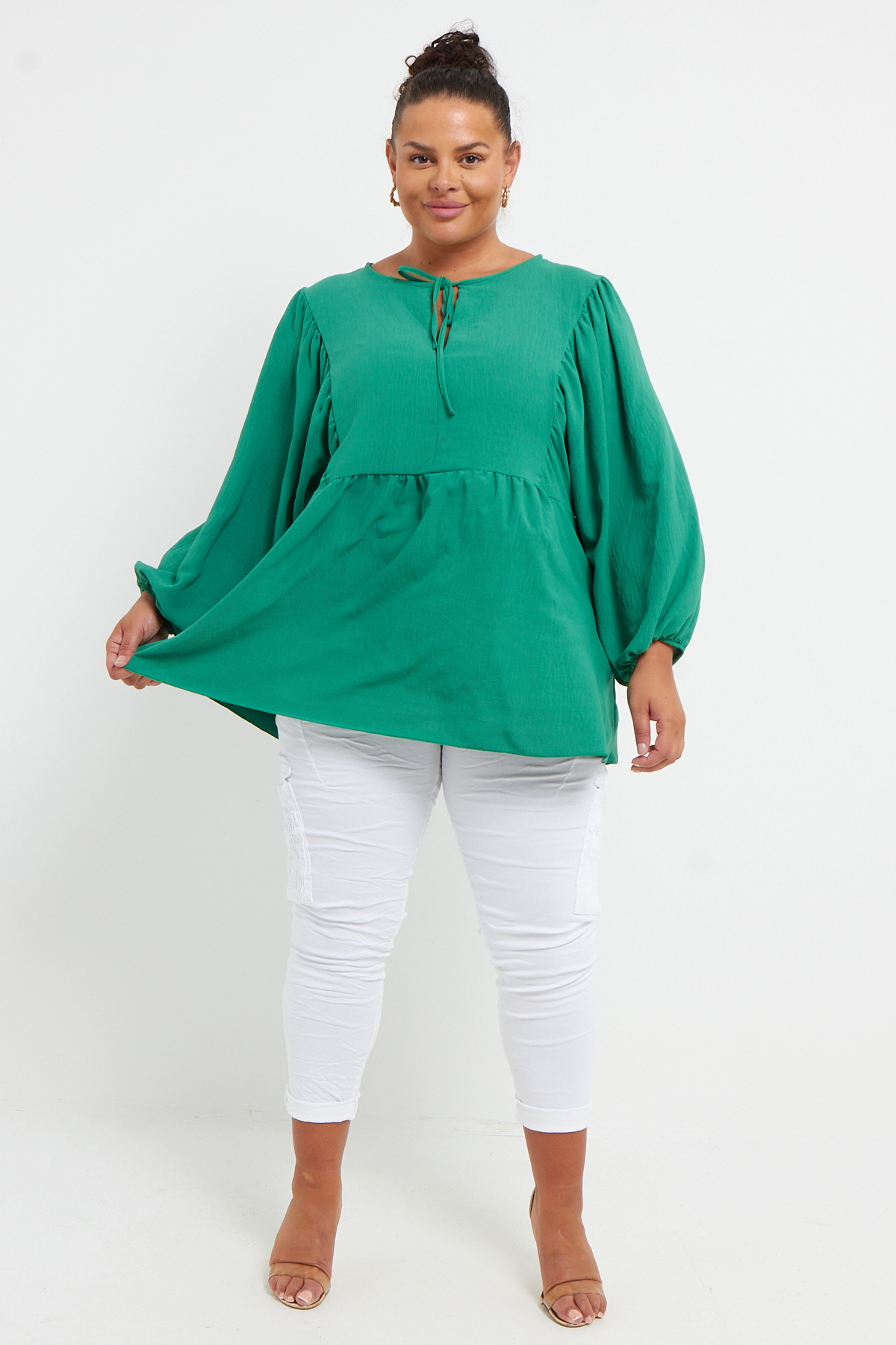 Plus Size Green Tie Neck Full Sleeve Ruffle Top Praslin Clothing