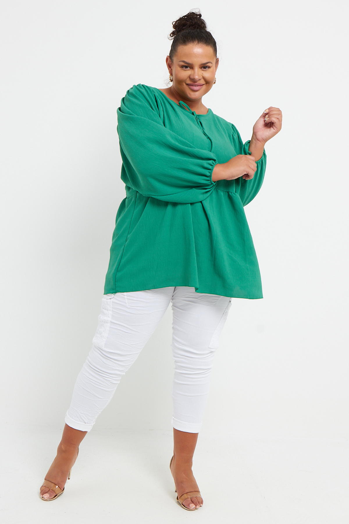 Plus Size Green Tie Neck Full Sleeve Ruffle Top Praslin Clothing
