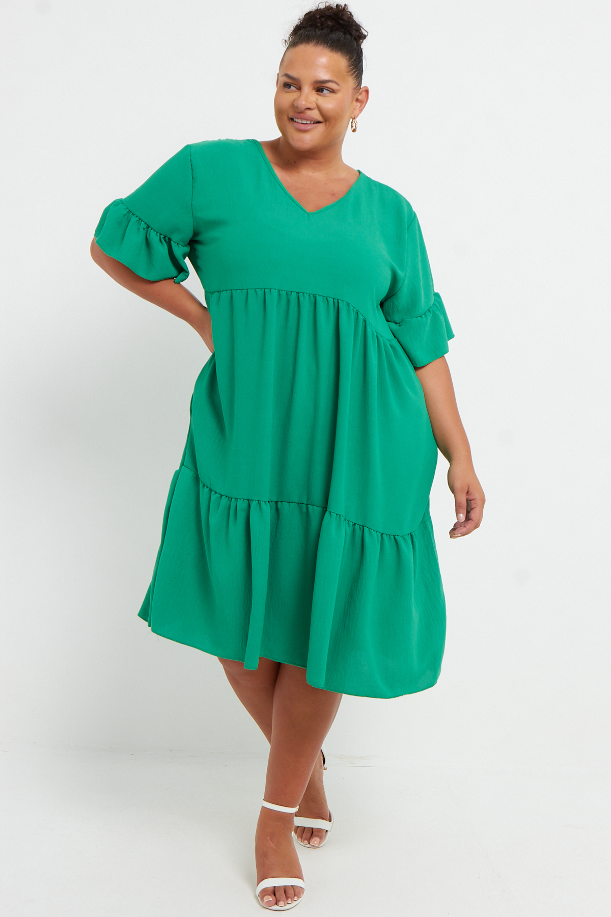 Plus Size Green Short Sleeve Frill Detail Mini Dress With Pockets