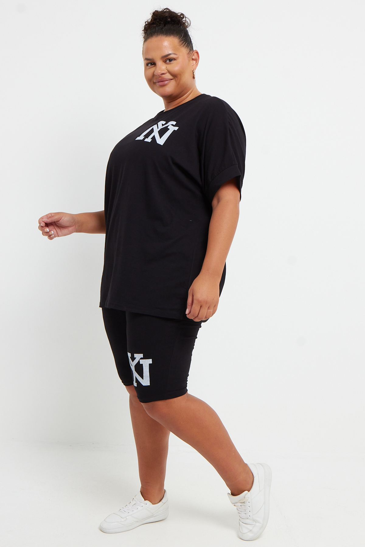 Plus Size Black NY Two Piece Co Ord Loungewear Set With T Shirt Cycling Shorts