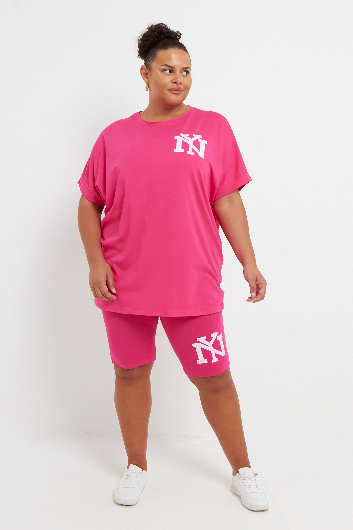 Plus Size Pink NY Two Piece Co Ord Loungewear Set With T Shirt Cycling Shorts