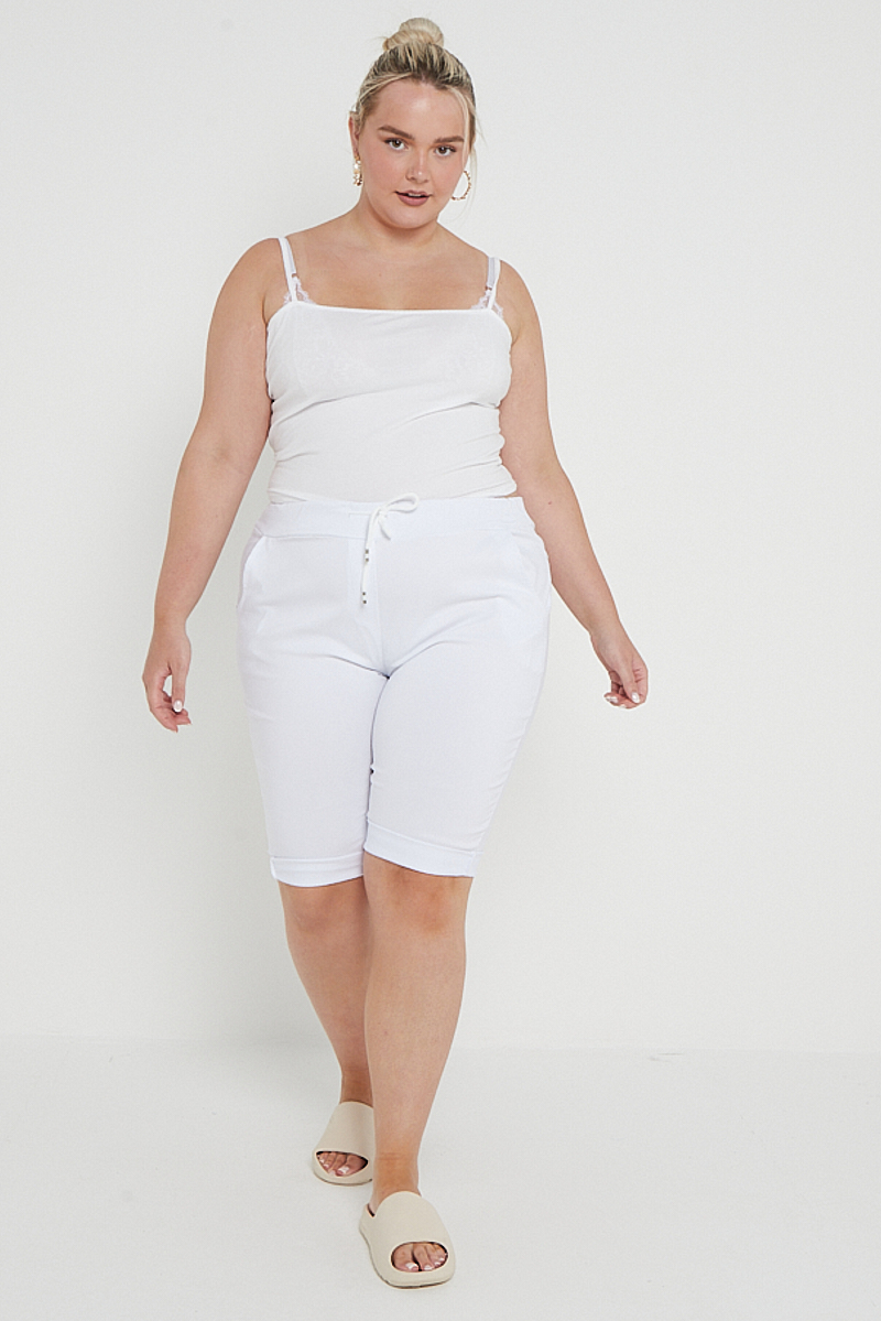 Plus Size White Tie Waist Turn Up Shorts With Pockets
