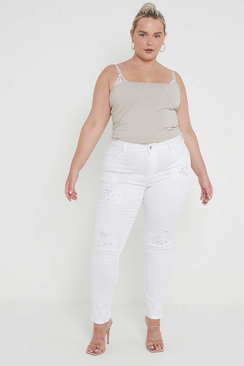 Plus Size White Skinny Denim Sequin Embellished Detail Jeans With Pockets