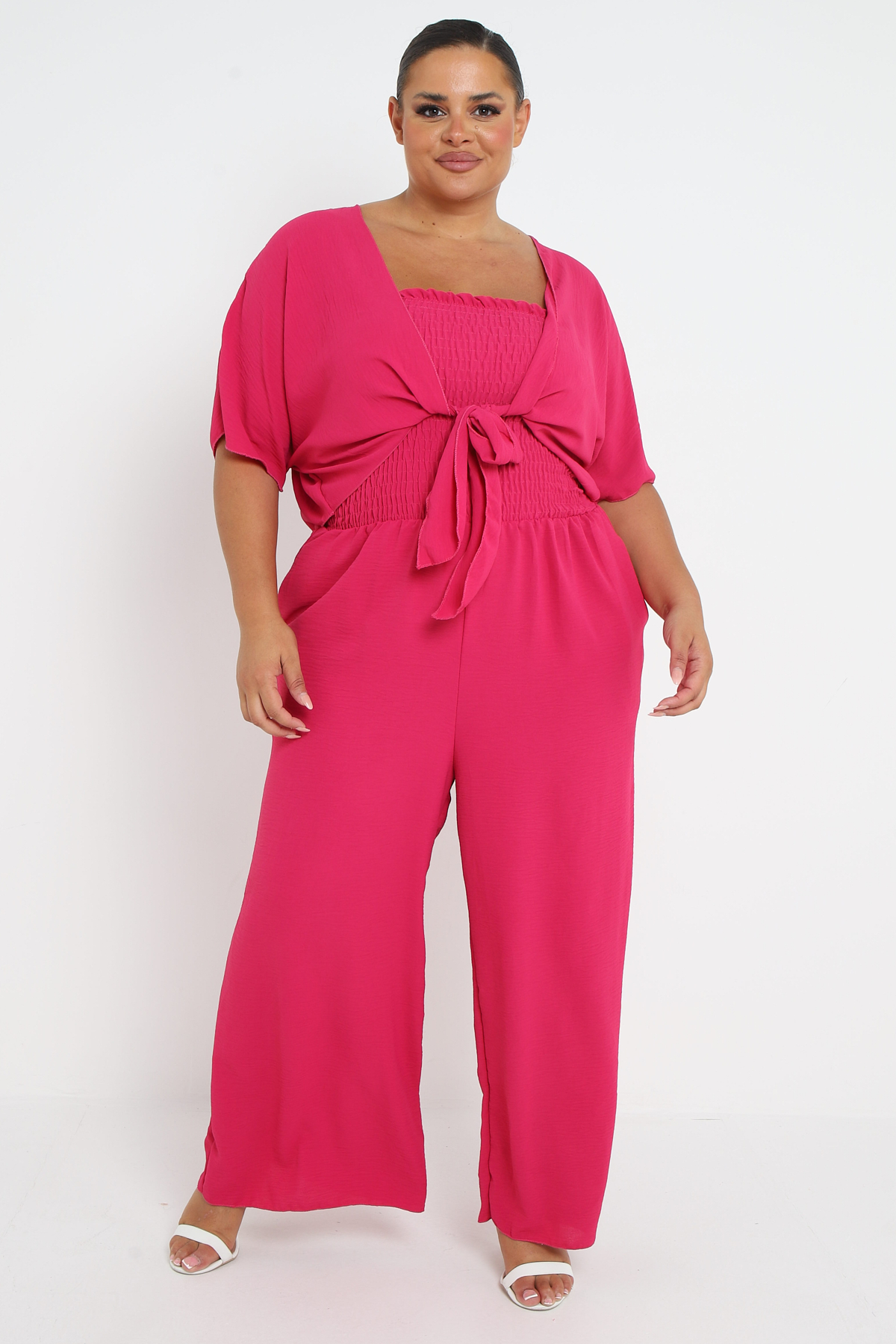 Plus Size Pink Two Piece Set Bardot Jumpsuit With Pockets Matching Tie Waist Shrug