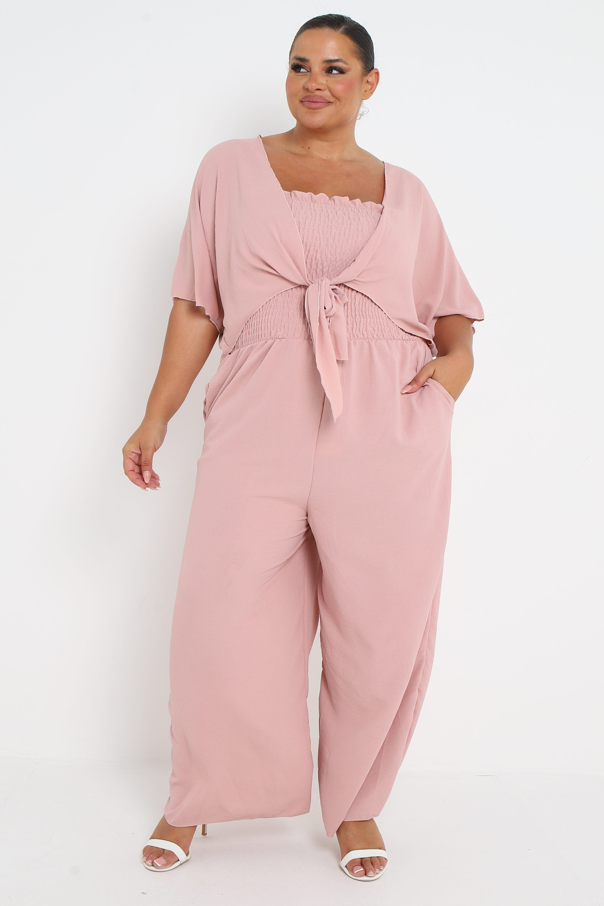 Plus Size Light Pink Two Piece Set Bardot Jumpsuit With Pockets