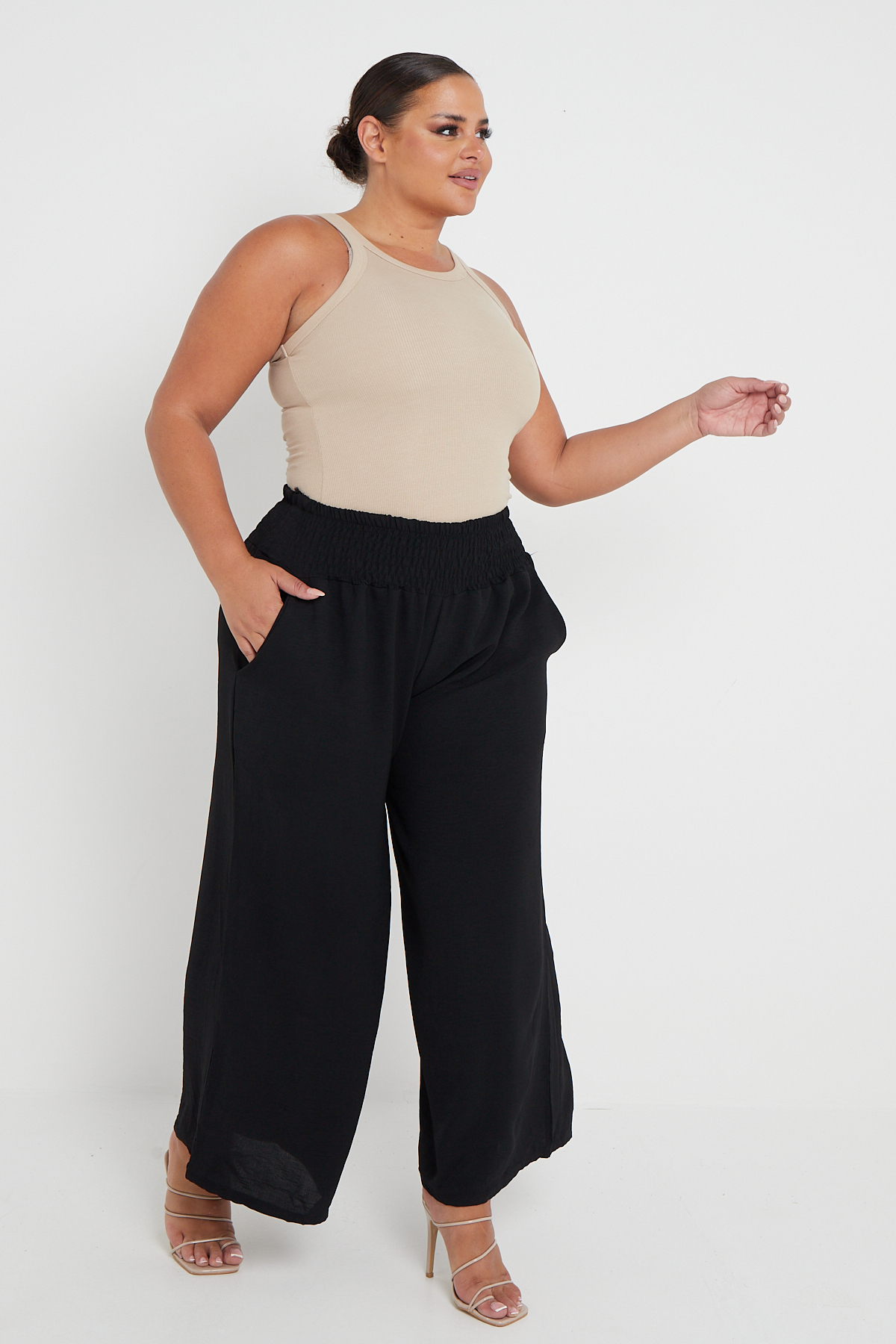 Plus Size Black Wide Leg Trousers Elasticated Waistband With