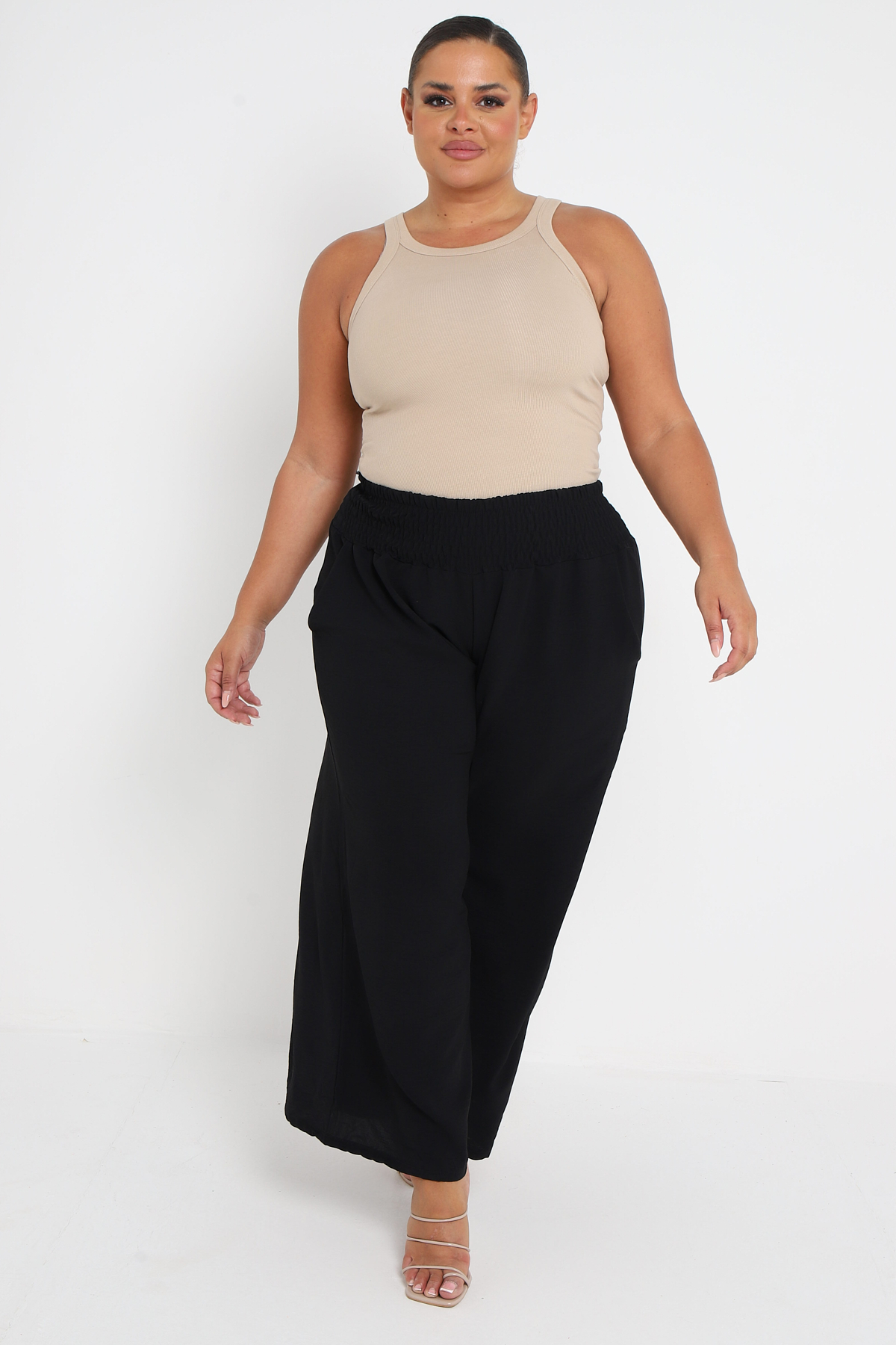 Plus Size Black Wide Leg Trousers Elasticated Waistband With Pockets