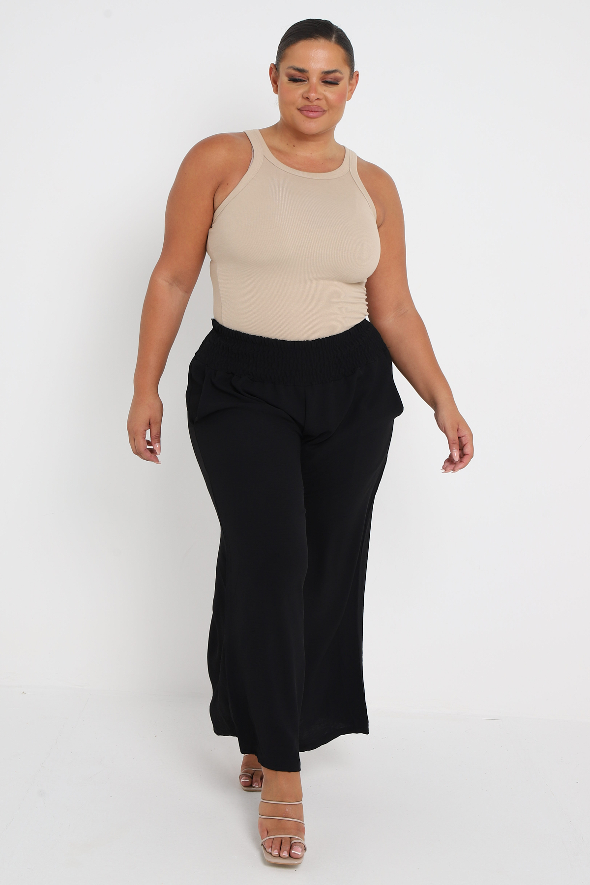 Plus Size Black Wide Leg Trousers Elasticated Waistband With Pockets