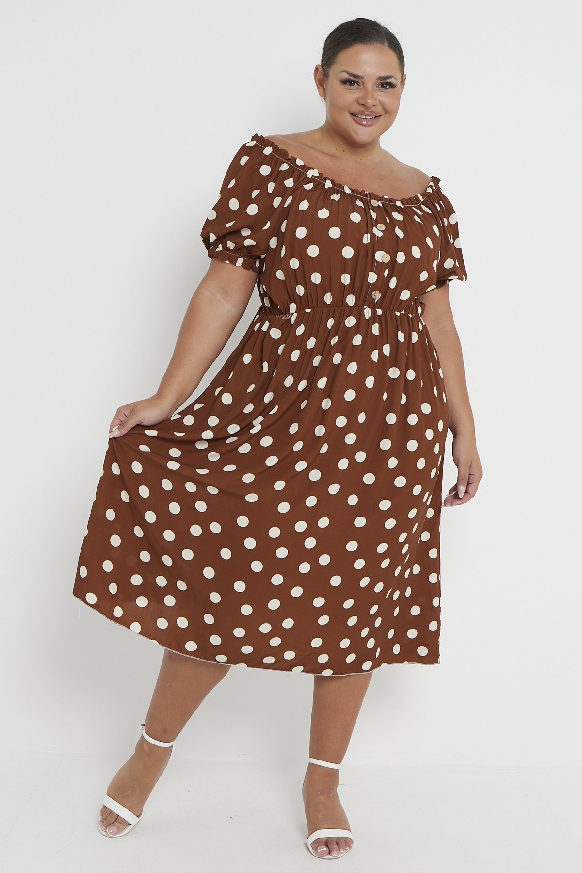 Plus Size Brown Polka Dot Bardot Button Through Dress With Pockets |  Praslin Clothing