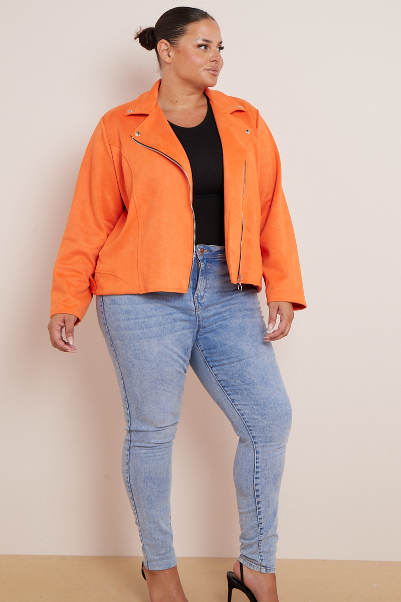 Plus Size Orange Zip Detail Biker Style Jacket | Praslin Clothing