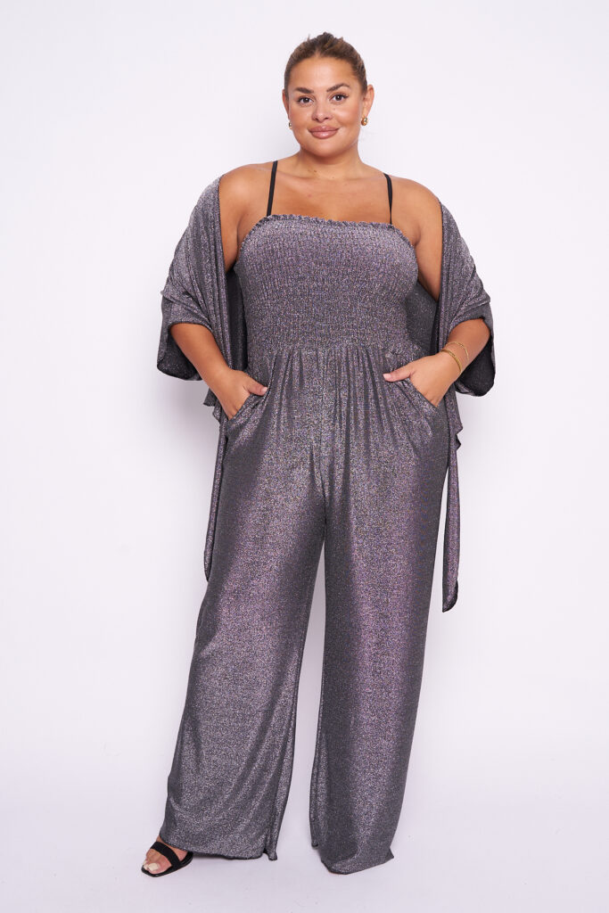 Plus Size Grey Lurex 2 Piece Co Ord Set Shrug & Jumpsuit | Praslin Clothing