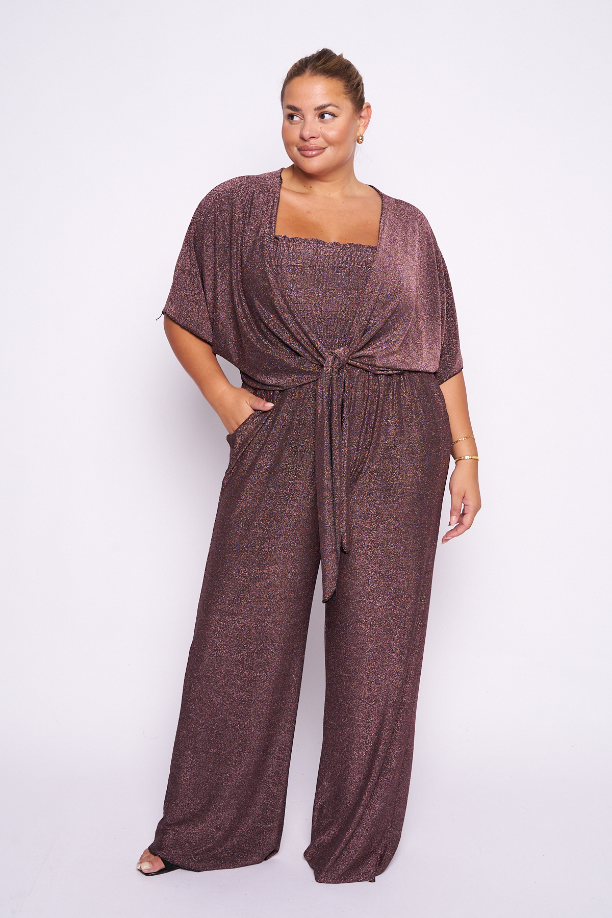 Plus Size Mocha Lurex 2 Piece Co Ord Set Shrug Jumpsuit