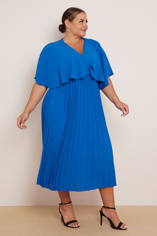 Plus Size Blue Layered Top Pleated Skirt Dress With Pockets | Praslin ...