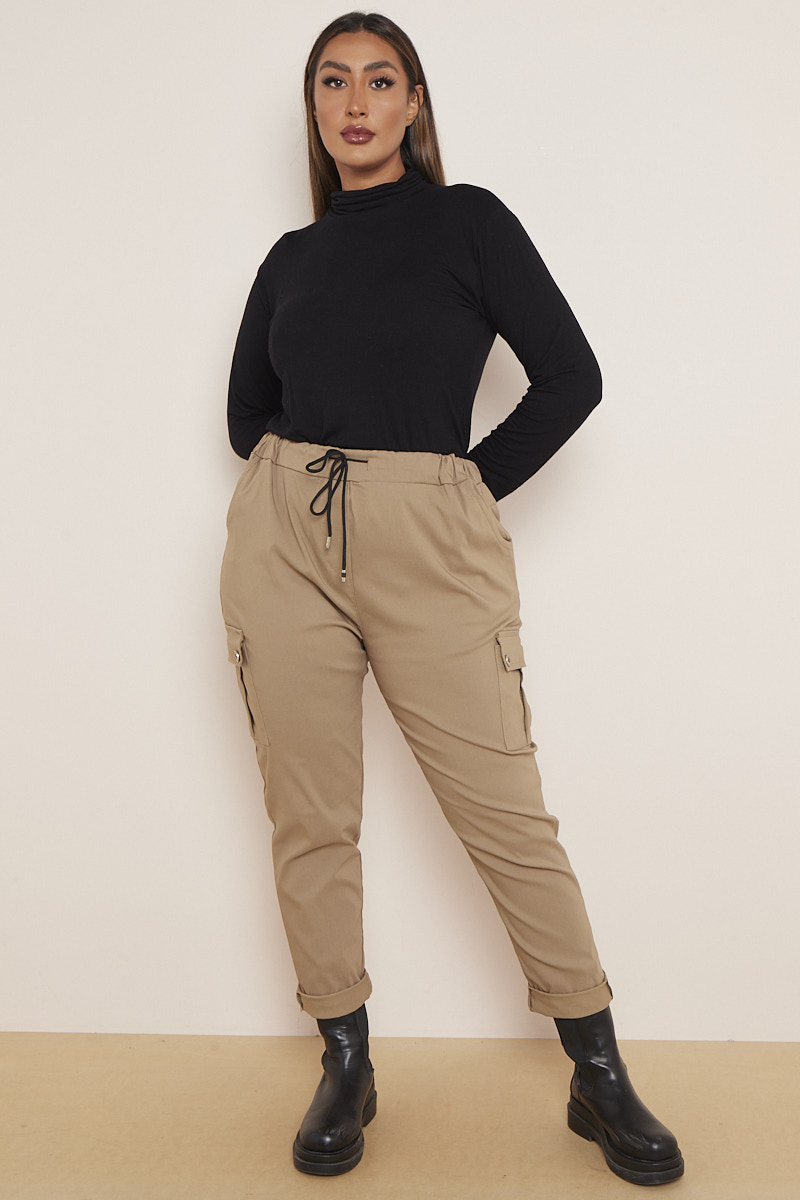 Plus Size Beige Combat Style Turn Up Trousers With Pockets