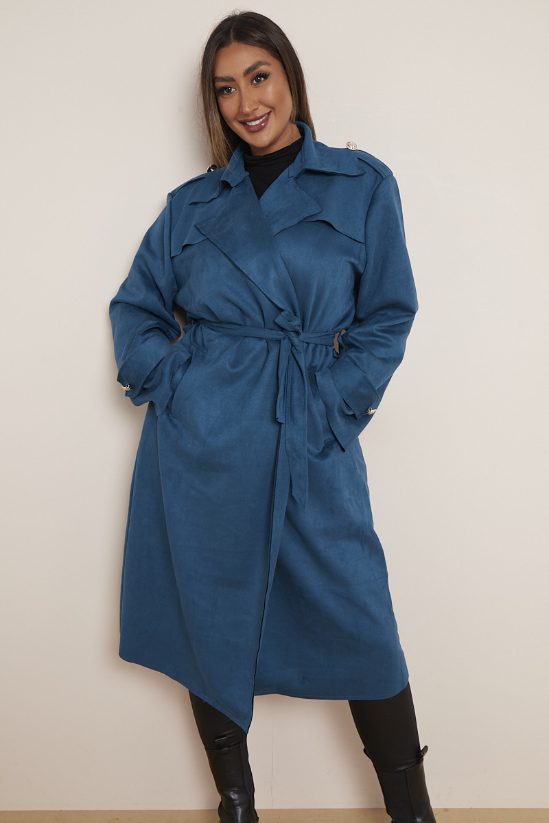 Plus Size Teal Suedette Mac Style Coat With Pockets