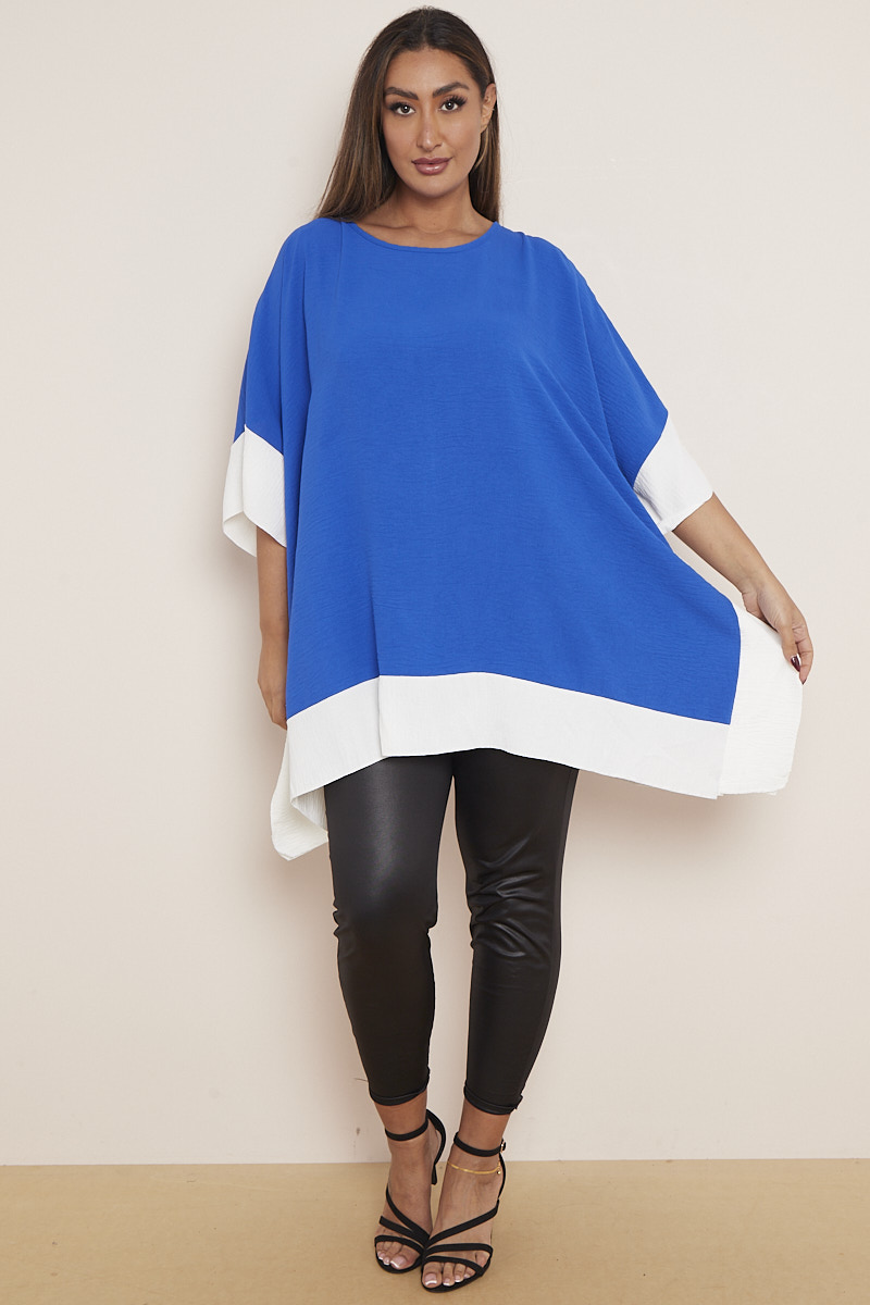 Plus Size Blue Asymmetric Contrast Zebra Print Hem & Sleeve Top
