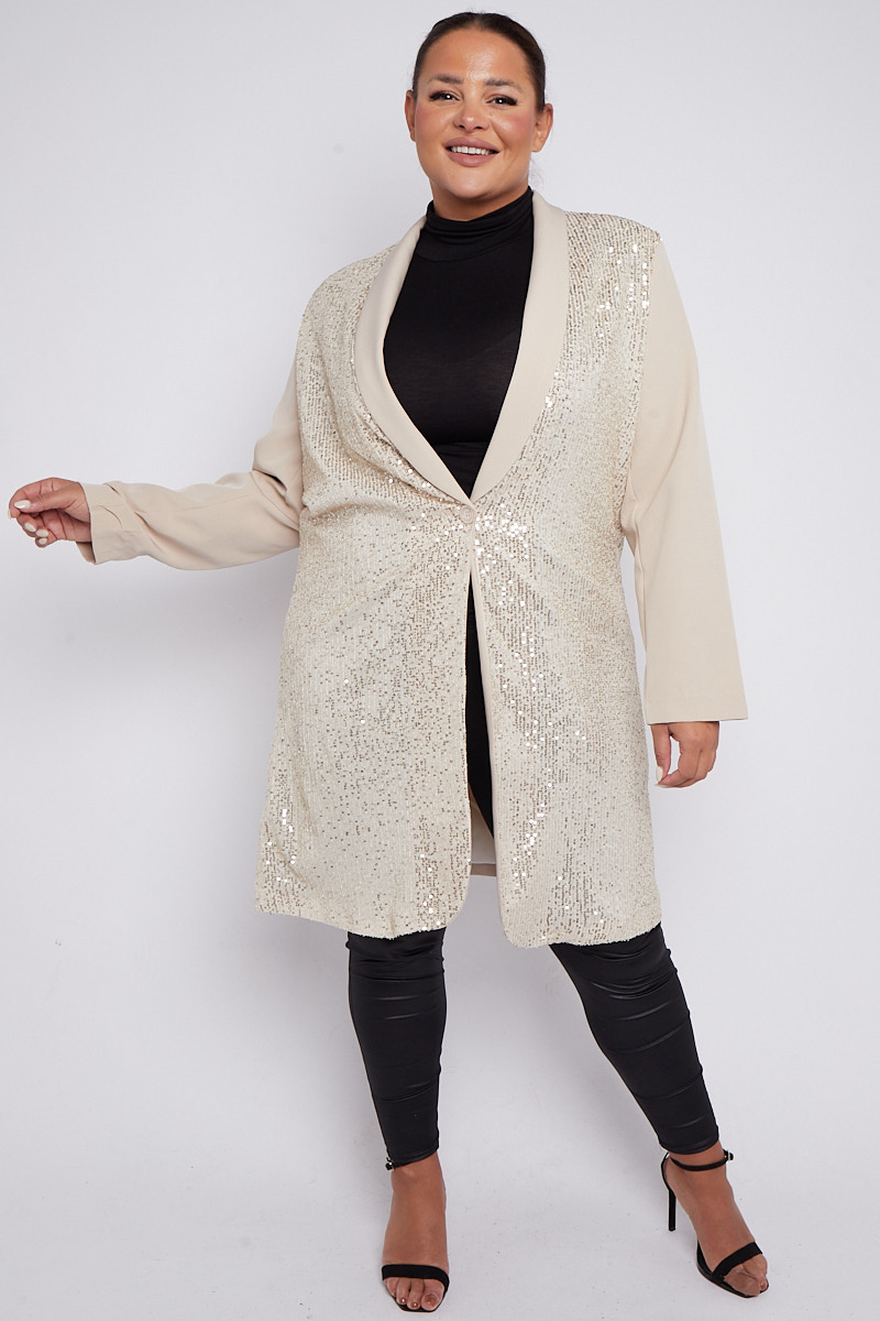 Plus Size Beige Sequin Embellished Longline Blazer