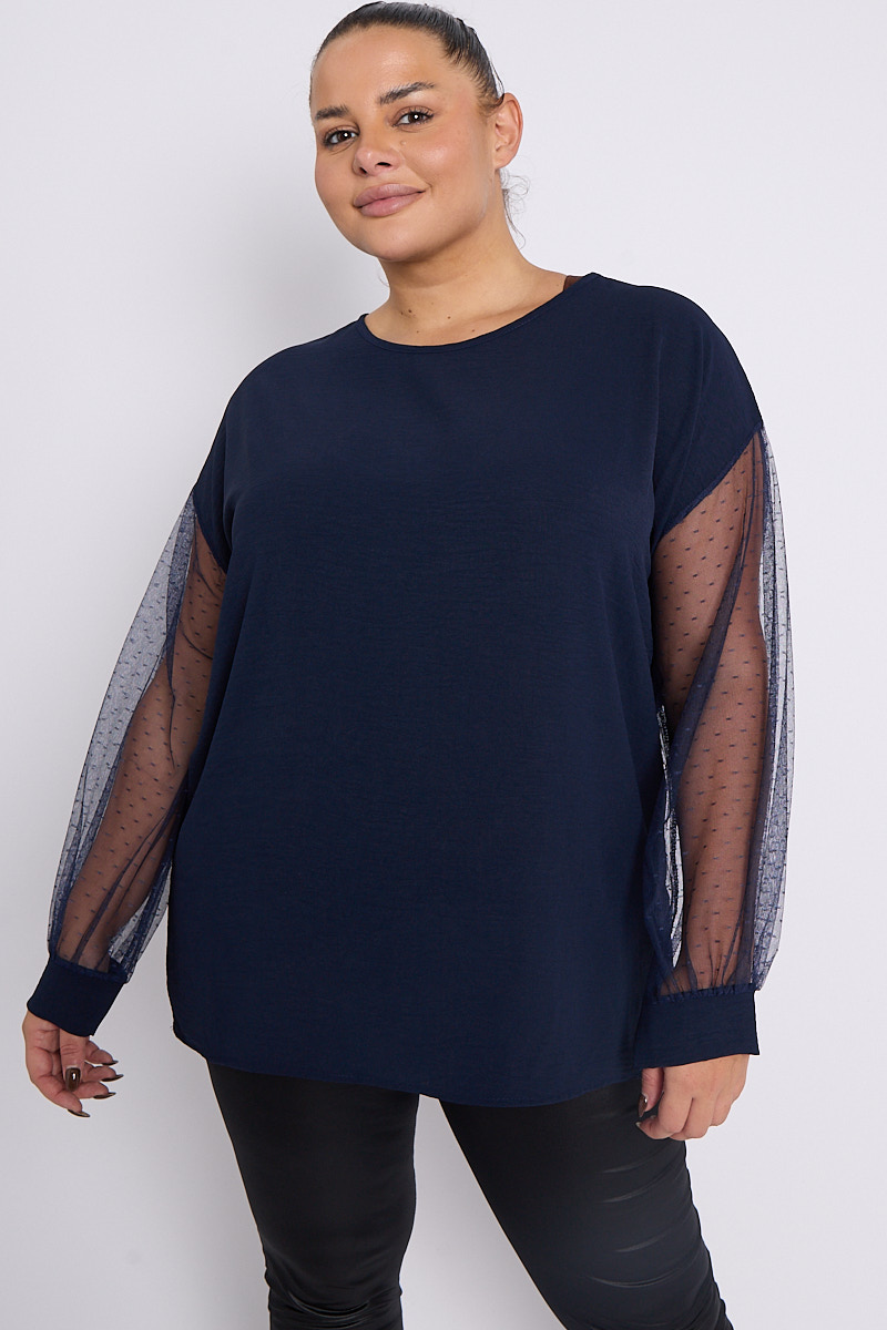 Plus Size Navy Round Neck Contrast Lace Sheer Sleeves Top