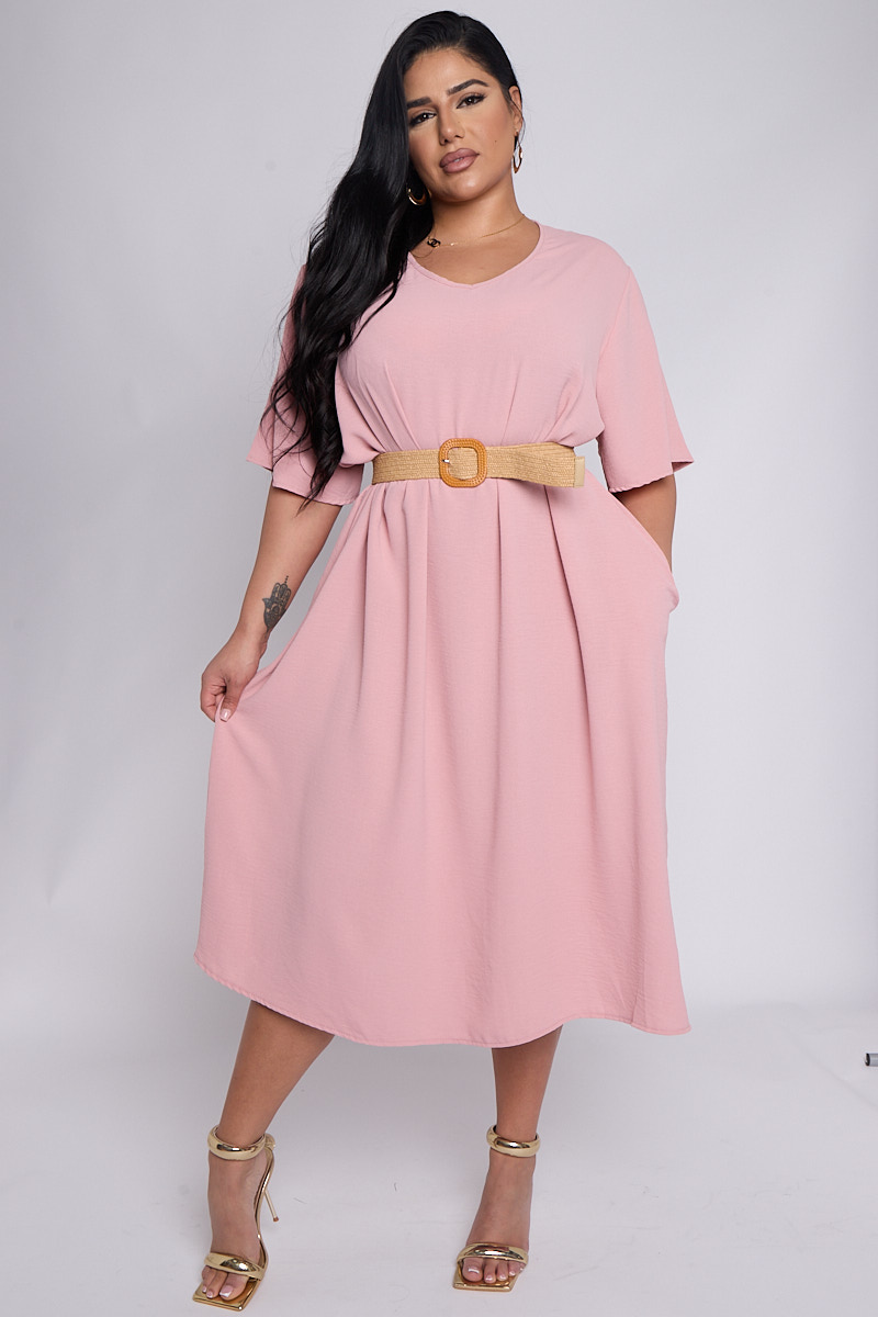 Plus Size Baby Pink Belted Short Sleeve Dress With Pockets