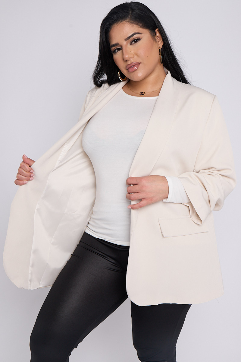 Plus Size Cream Ruffle Sleeve Detail Blazer With Pocket Detail