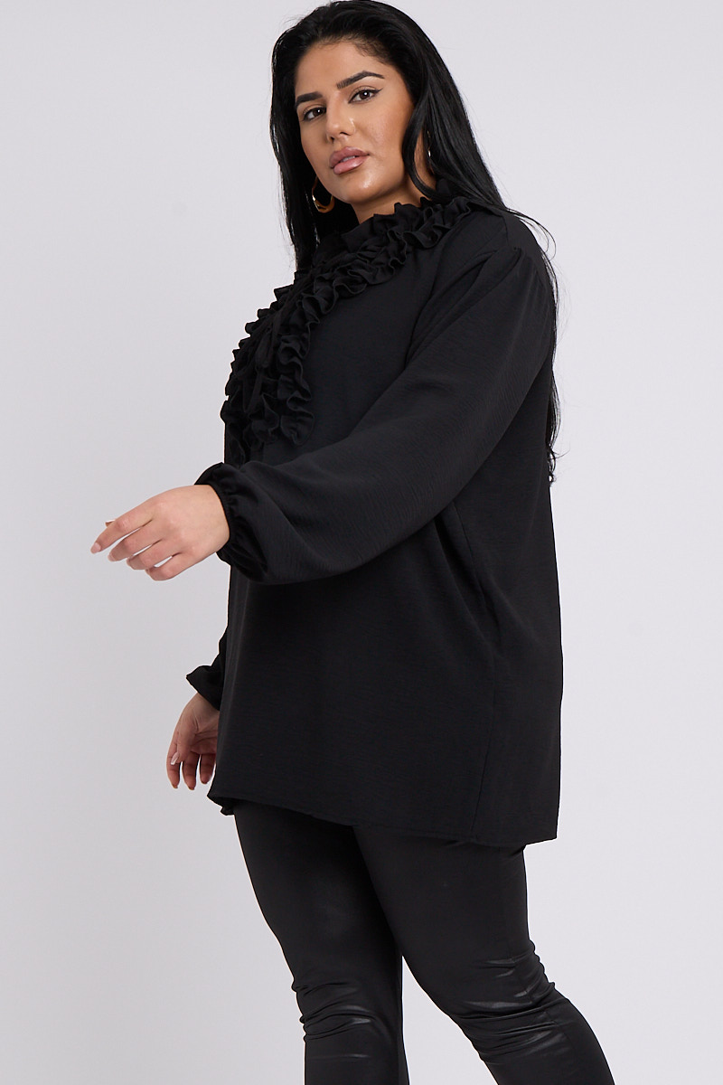 Plus Size Black Ruffle Neckline Detail With Tie Fasten Blouse | Praslin ...