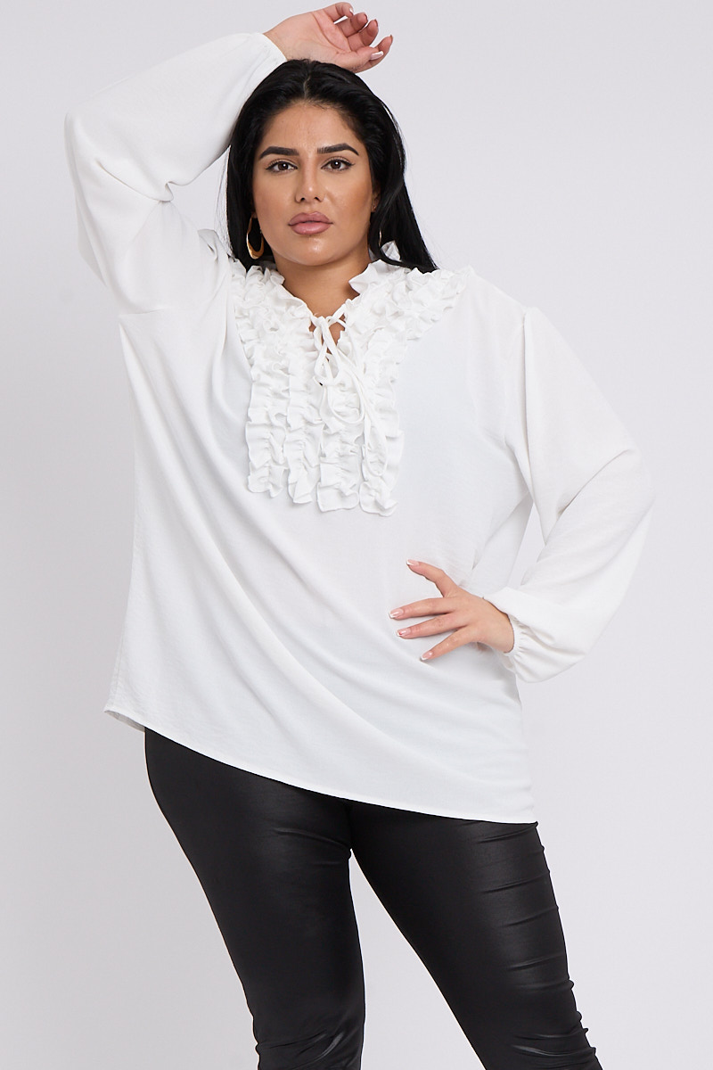 Plus Size White Ruffle Neckline Detail With Tie Fasten Blouse