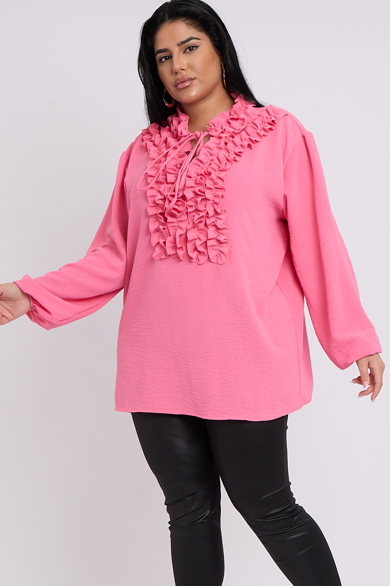 Pink ruffle blouse plus size sale