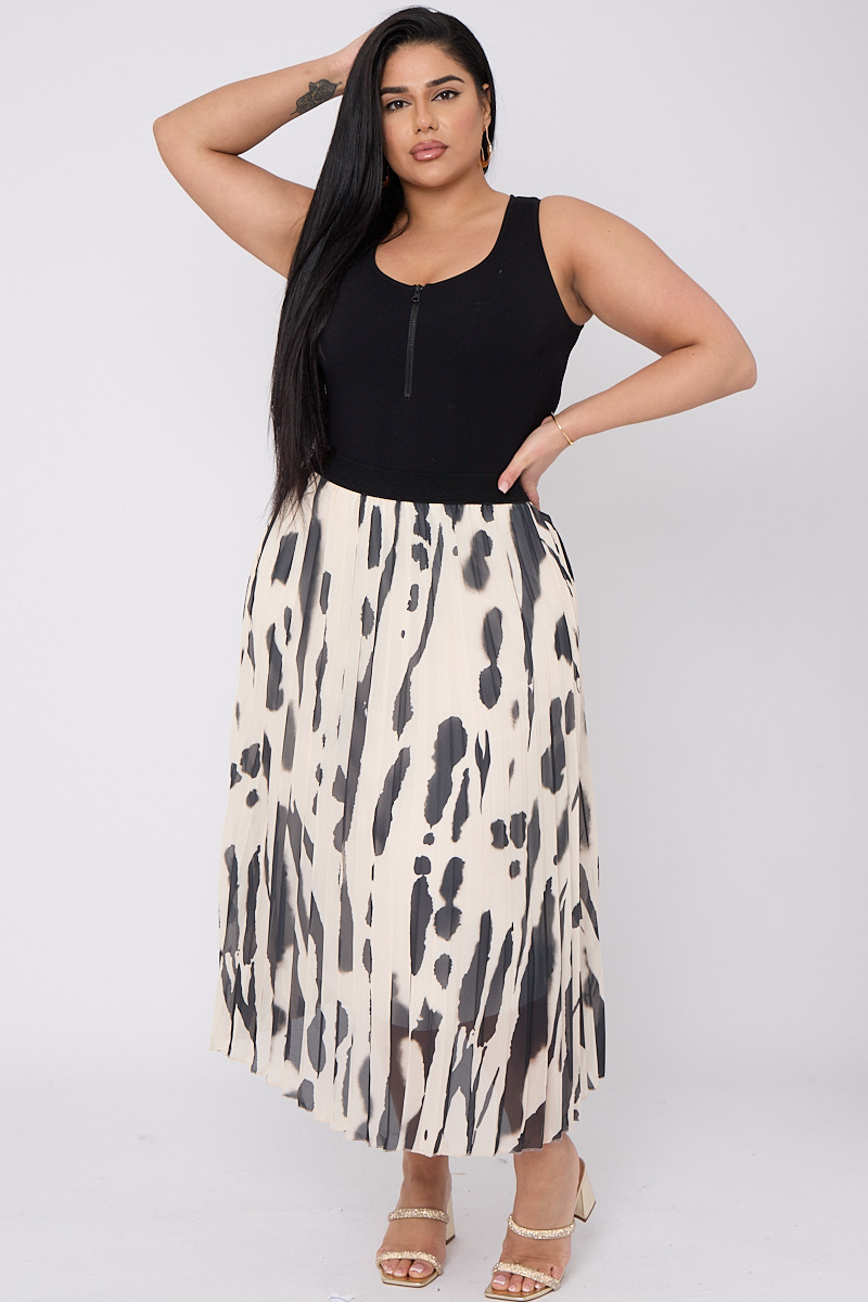 Plus Size Black Beige Printed Pleated Skirt With Elasticated Waist Praslin Clothing