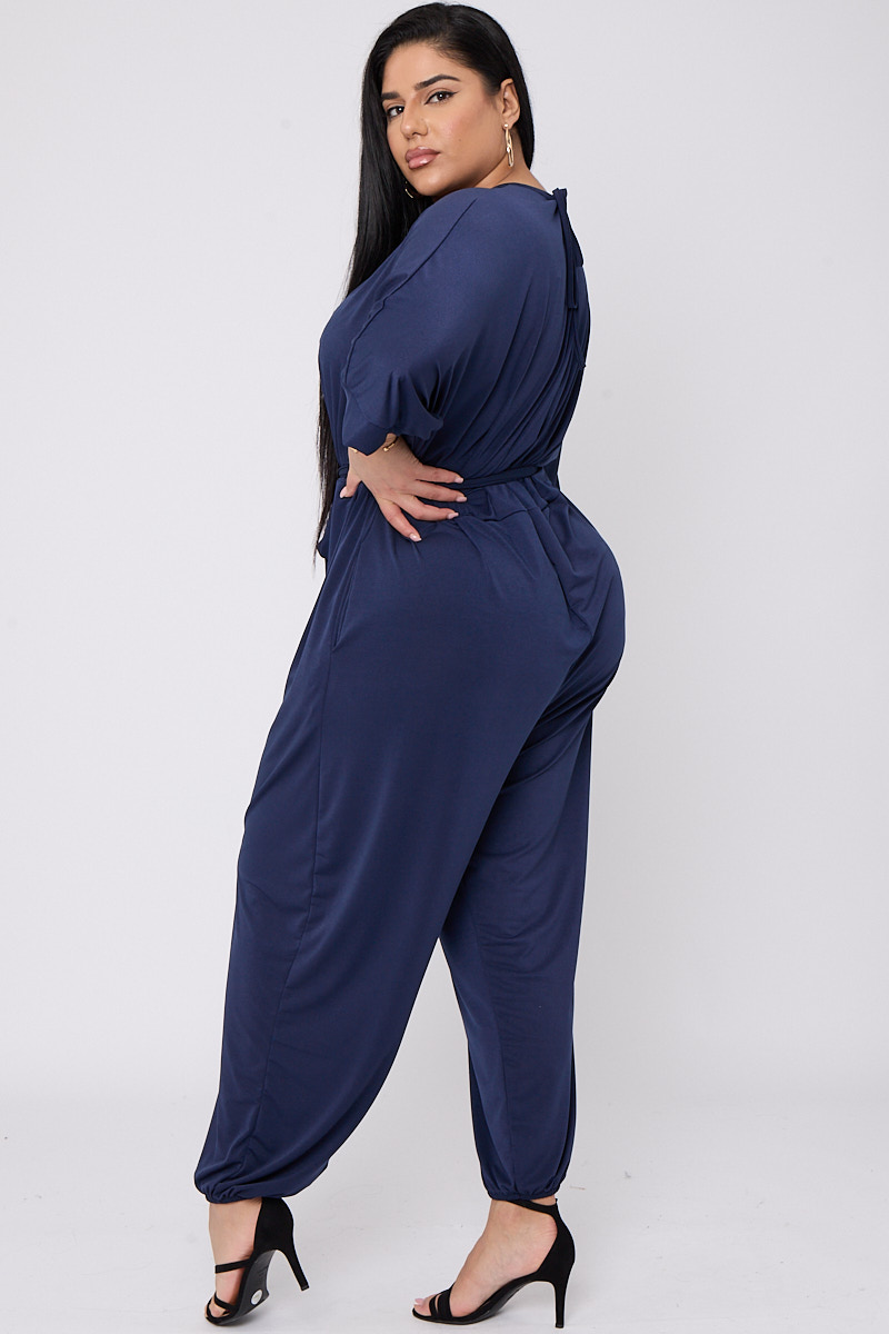 Plus Size Navy Harem Wide Leg Trouser Tie Waist Jumpsuit With Pockets