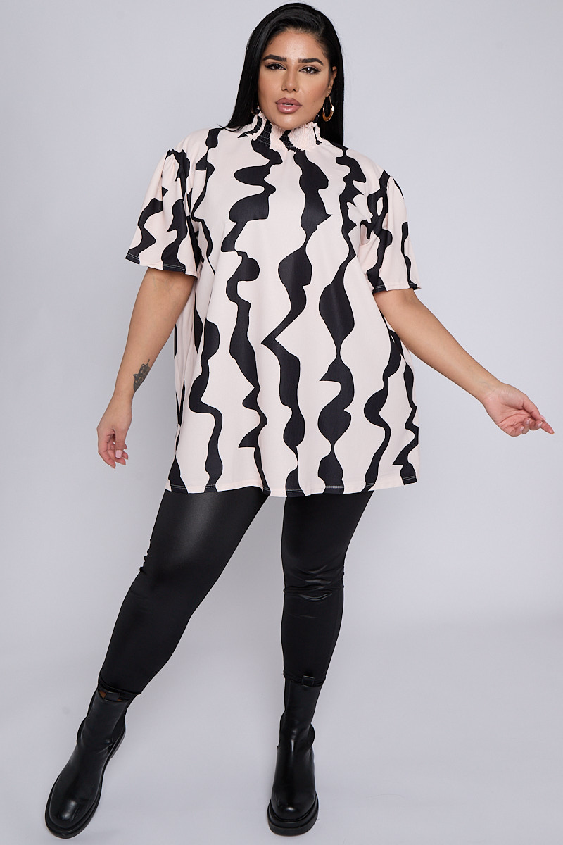 Plus Size Nude Printed High Neck Short Sleeve Top | Praslin Clothing