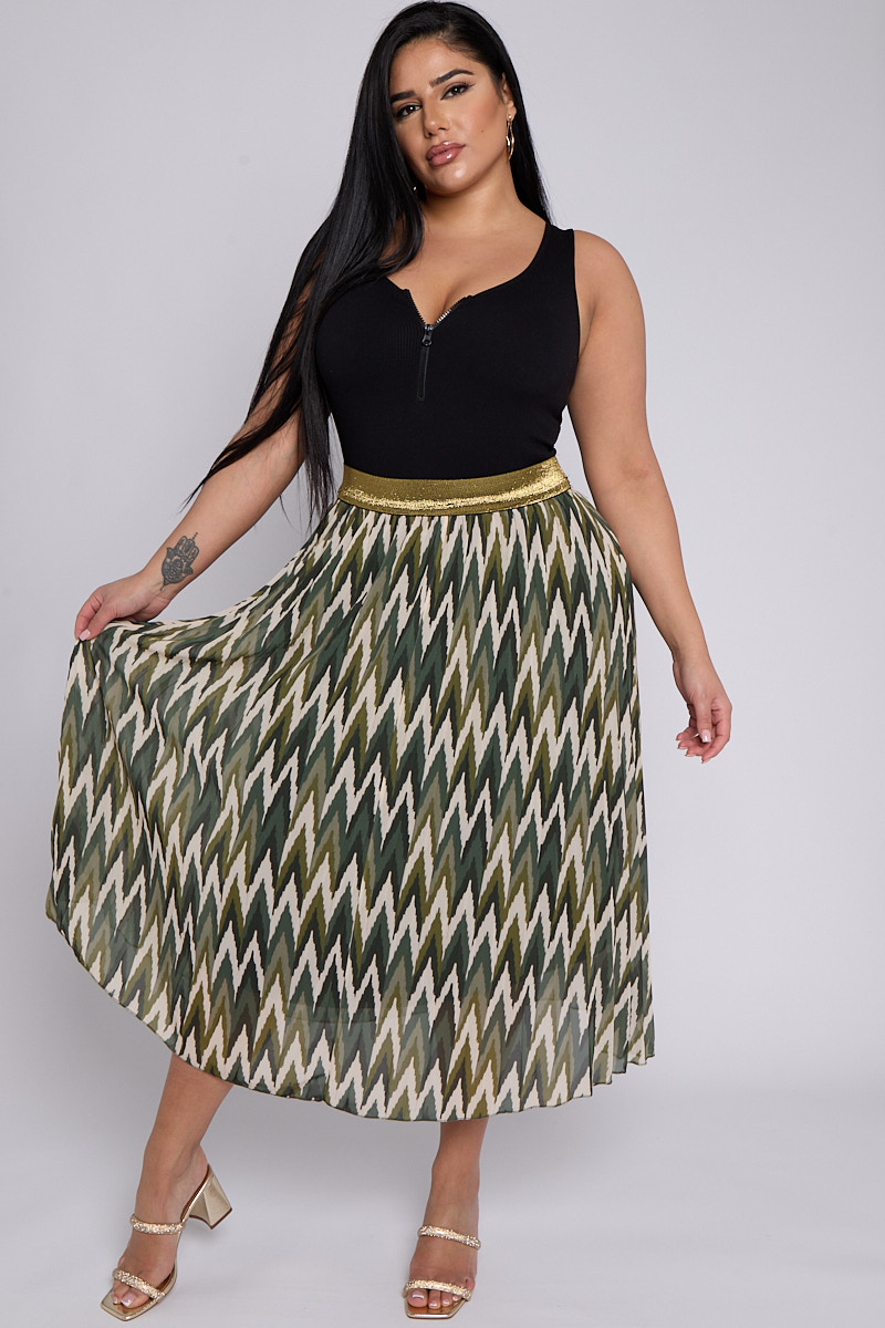 Plus Size Multi Khaki Chevron Print Midi Pleated Skirt